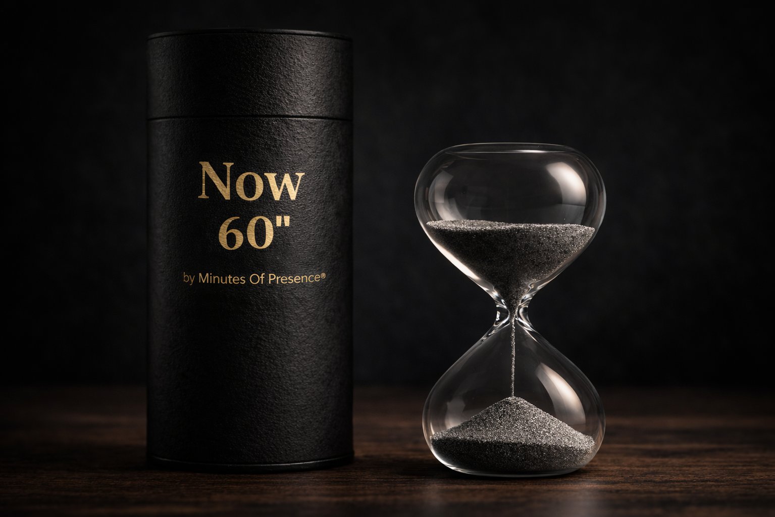 Now 60” – glass hourglass and black cylindrical tube by Minutes Of Presence
