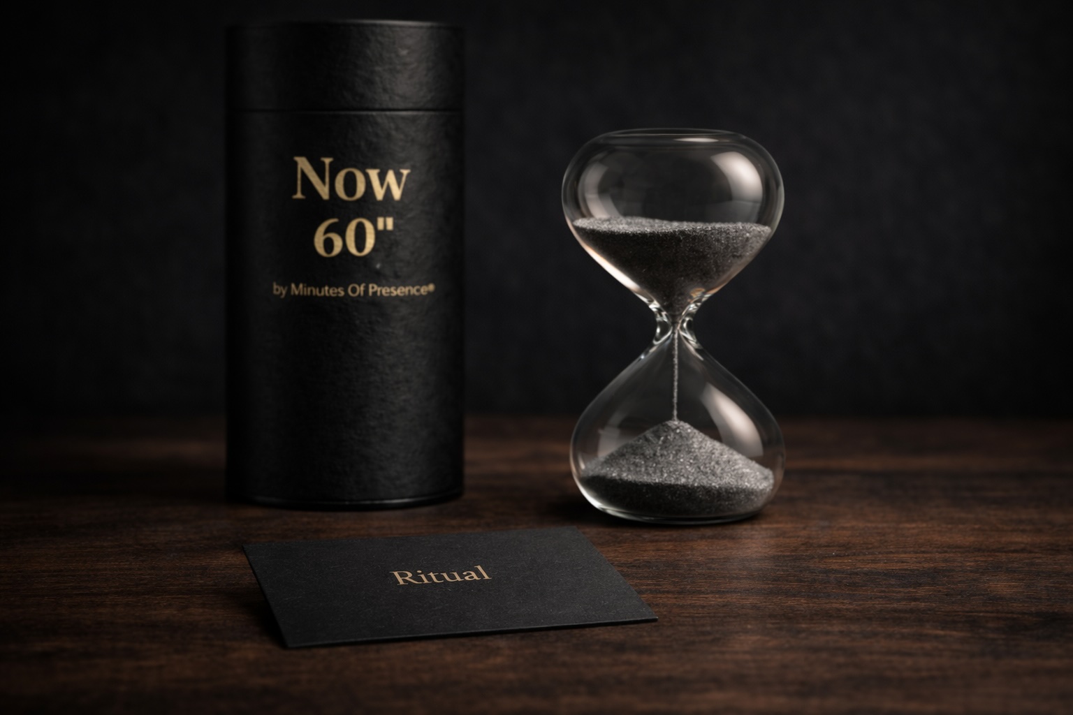 Now 60” hourglass with black cylindrical tube and ritual card – Minutes Of Presence ritual object